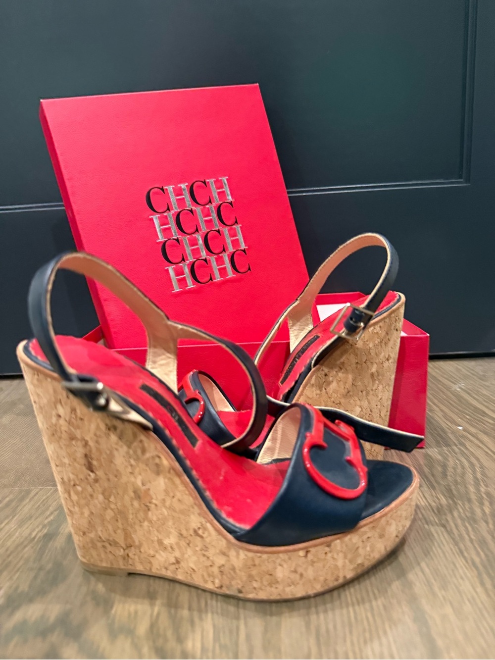 Carolina Herrera Navy and Red Cork Platform Wedge Sandals